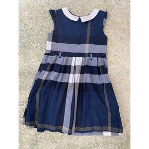 Burberry London Navy Blue Girl Dress Size 23 NO BELT Luxury Plaid Collared